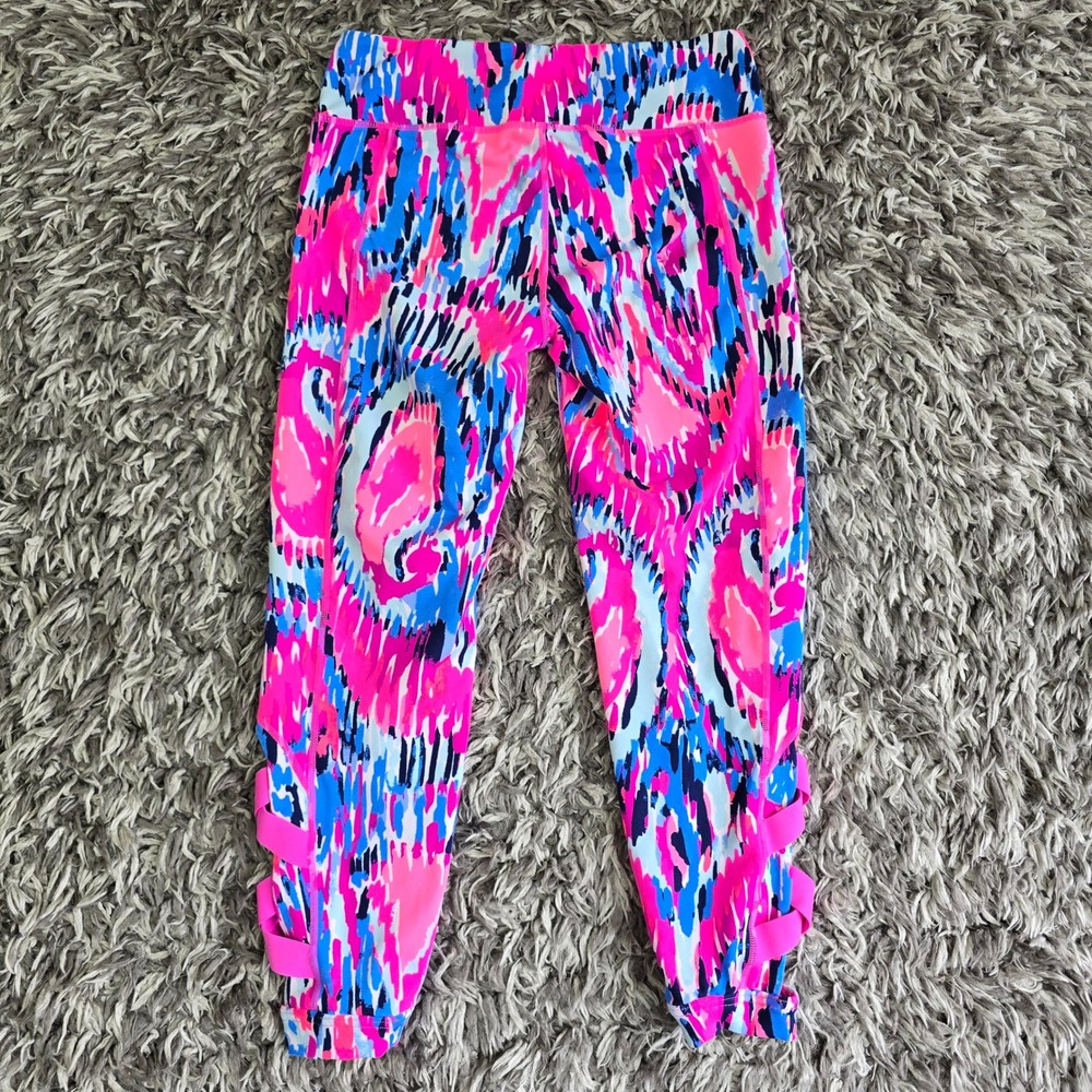 Lilly Pulitzer Luxletic Cropped Leggings Medium Pink Blue Abstract Strappy Hem - Picture 8 of 9